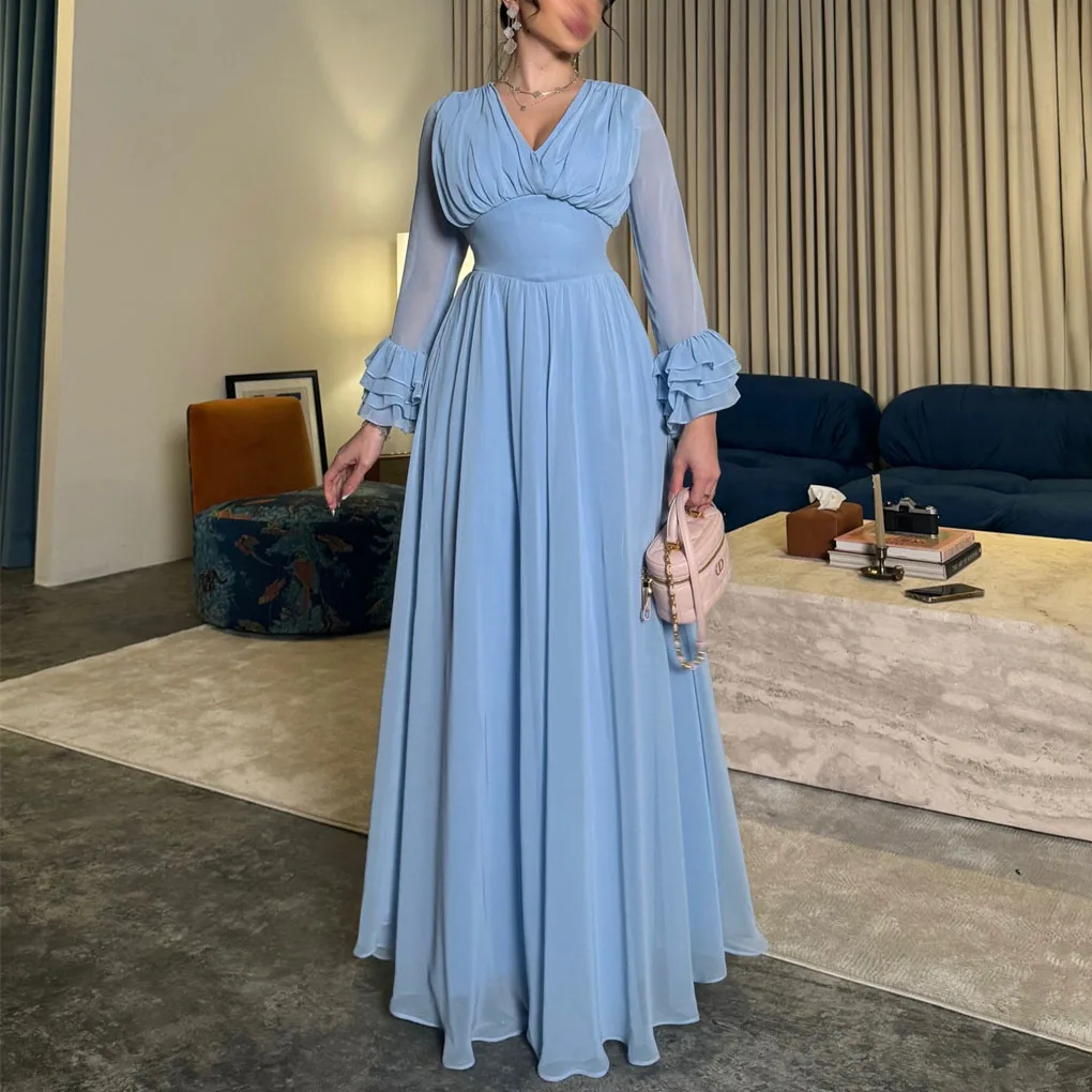 

ROYET Tulle V Neck Pleat Elegant Prom Gown For Woman Long Sleeve A Line Formal Classic Evening Dress New 2025 Customized