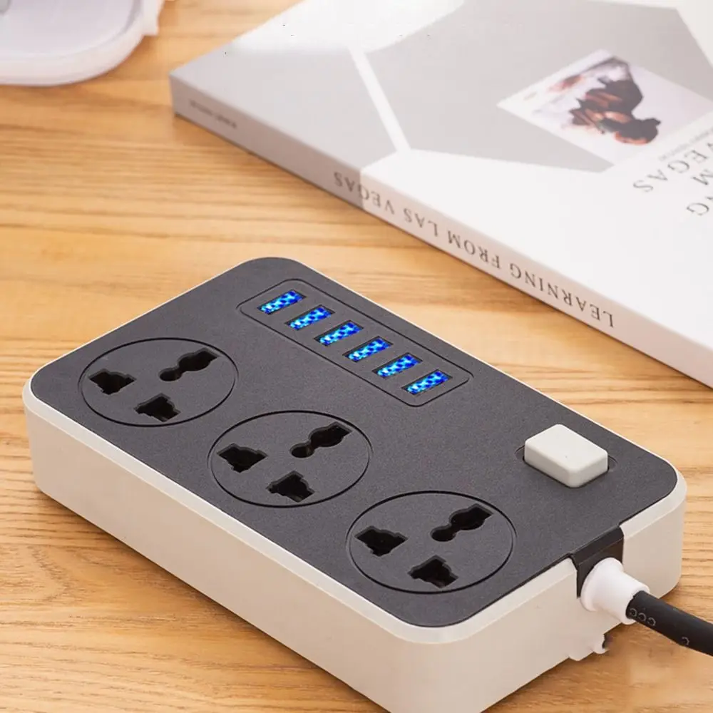 UK EU US Outlet Power Strip Universal Plug 3-Outlets Surge-Protected Power Strip 6 USB Ports 2m Extension Cord