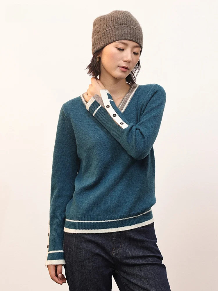 

Женский вязаный свитер SY XiuJia с V-образным вырезом, из смесовой шерсти яка, с длинными рукавами, осенний, в стиле «Маленький аромат», модный топ