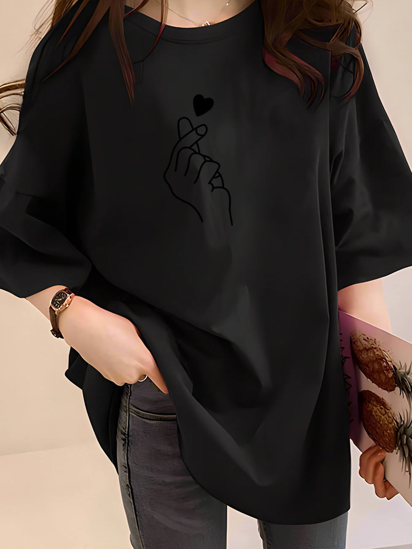 2026 Summer women's heart print letter graphic print fashionable casual sports loose round neck short sleeved T-shirt top