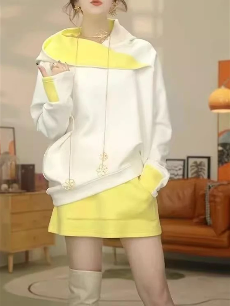 

2025 Spring and Autumn New Irregular Fashion Color blocked Long sleeved Hoodie hooded sweatshirt Half body Skirt Casual Set