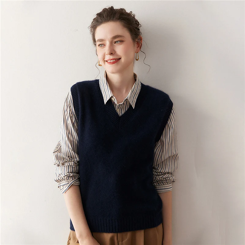 Kamizelka damska jesienno-zimowa, jednolity kolor, 100% kaszmir, sweter, podstawowy sweter bez rękawów, retro, w stylu lazy preppy, bez rękawów.