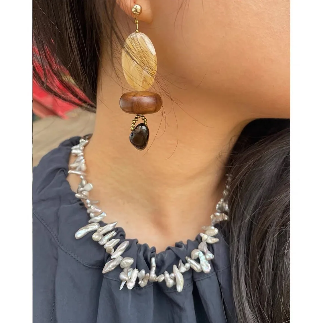 Bohemian Baroque Pearl Choker Necklace Resin Wood Bead Drop Earrings Set Vintage Handmade Women Holiday Jewelry