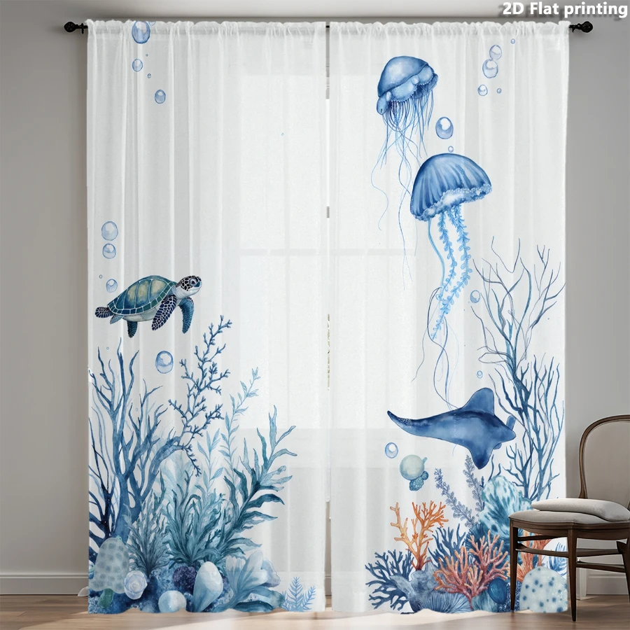 2PCS Digital Print Sheer Curtain, Blue Coral Jellyfish, Vintage Floral Window Curtains for Living Room Bedroom Home Decor