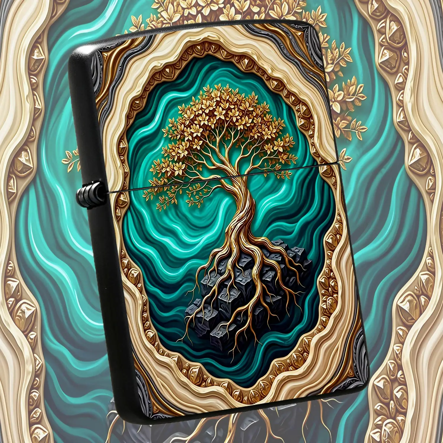 Creative Lighter Embossed Golden Tree Of Life Pattern Artornate Wavy Turquoise Background Decorative Practical All-Scenario Use Portable Accessory Nice Gift For Friends Family Collectors Daily Carry Stylish Souvenir Pre A Humorous And Inter