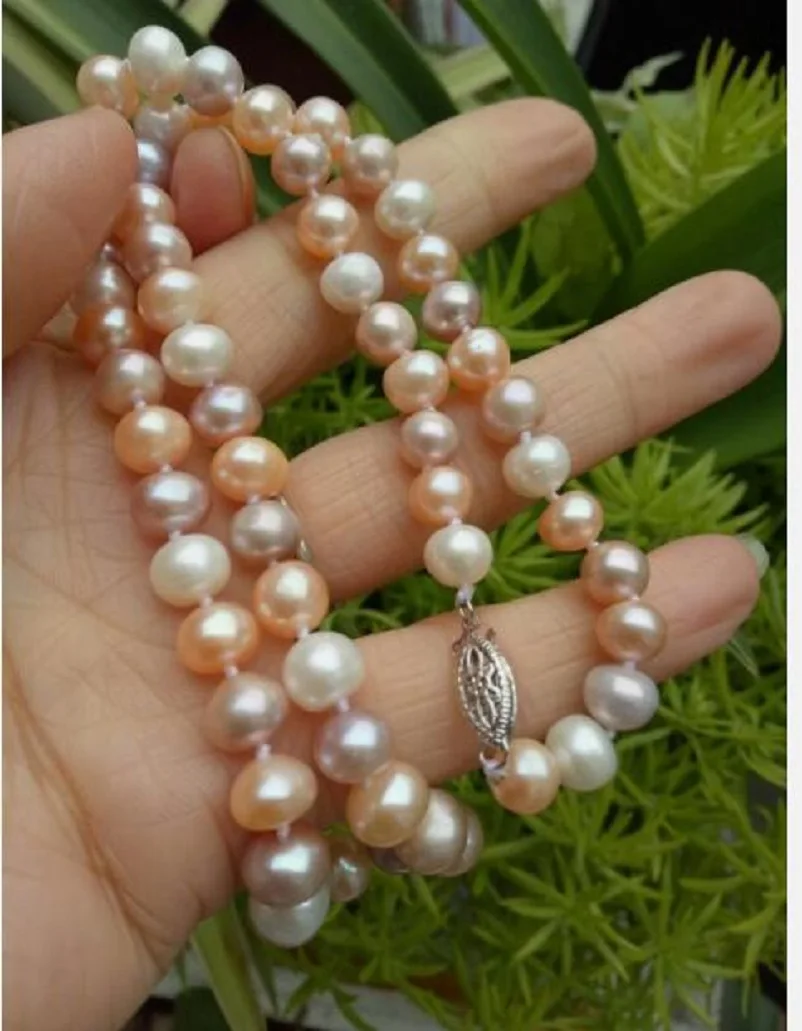 Fashion Jewelry natural AAA 8-7mm south sea white pink purple multicolor pearl necklace 18