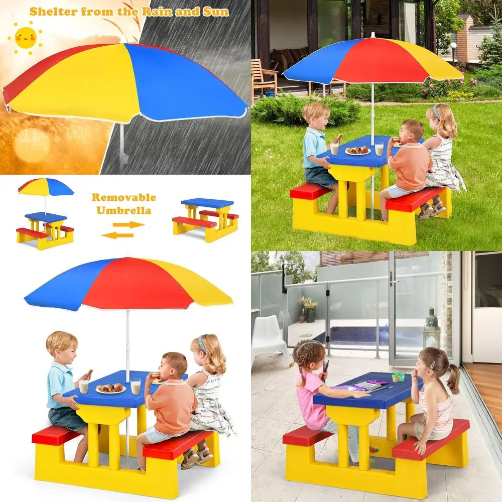 

Children's Outdoor Picnic Table Set with Umbrella, Plastic Toddler Patio Furniture for Garden Play, Ideal for Ages 3+
