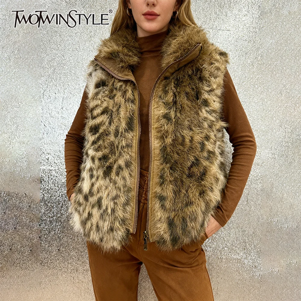 

TWOTWINSTYLE Leopard Slimming Spliced Fur Fashion Vests for Women Stand Neck Sleeveles Patchwork Zipper Casual Vest Female New