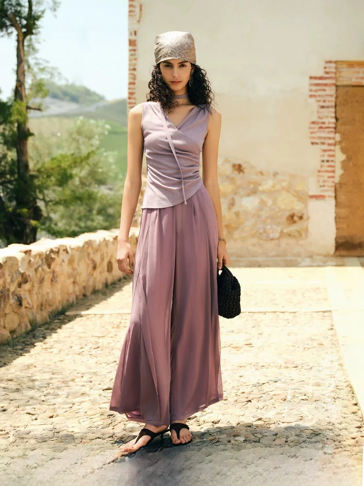 

Women's V-neck T-shirt And Chiffon Wide-leg Pants Set Summer Fashion Casual Loose Feelings Cross Design High Waist Trousers