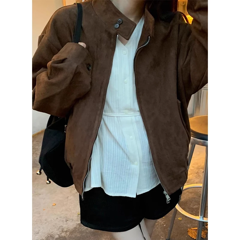 Retro Chic Autumn Winter Long Sleeve Stand Collar Fake Suede Jacket Warm Short Outerwear Women Loose Versatile Coat Zipper Cl...