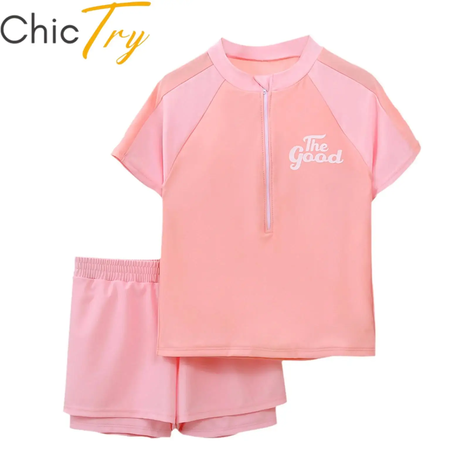 

Kids Girls Swim Sets Rash Guard Color Block Swimsuit Short Sleeve Top with Elastic Waistband Shorts for Swimming Bathing Suits