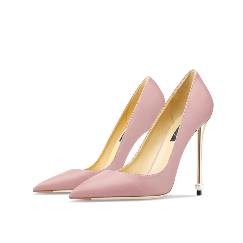 

Autumn new pointed toe shallow leather pearl metal heel single shoes banquet large size small size simple high-heeled women shoe