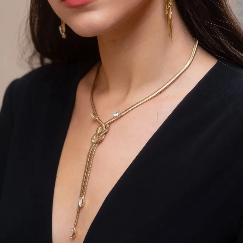 Fashion Minimalist Knot Tassel Drawstring Necklace Gold Plated Snake Chain Clear Crystal Pendant Female Daily Neck Jewelry