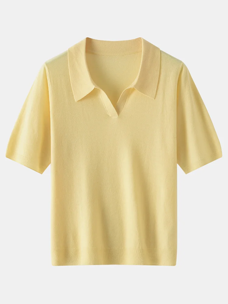 

Женский свитер из тонкой шерсти, пуловер с воротником-поло, весна-лето, 100% шерсть, трикотаж, машинная стирка, топ с коротким рукавом