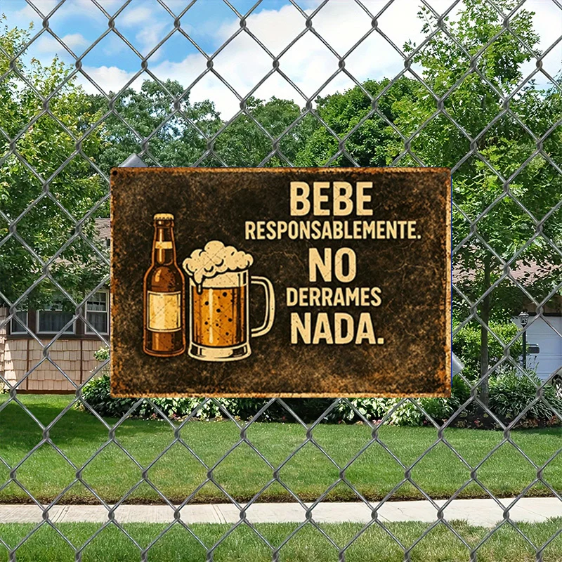 1pc Spanish Slogan Retro Painting with Beer Bottle And Glass Design, Responsible Message, Four-Sided Hemmed & Rivet Design