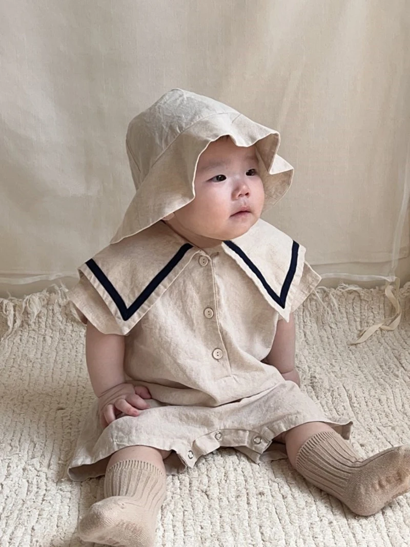 2psc Summer Newborn Infant Baby Girls Boy Romper + Hat cell Navy Collar Muslin Sleeveless Rompers Kids  Fashion Baby Clothing