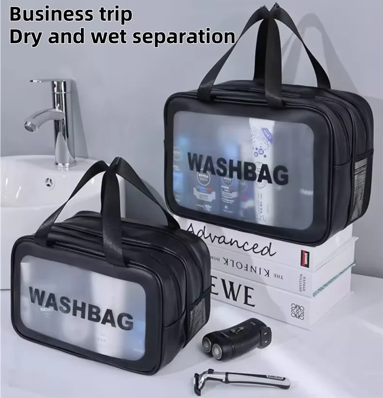 Dry Wet Separation Double Transparent PU Makeup Bag Portable Wash Bag Cosmetic Storage for Travel Gym Swimming Essentials