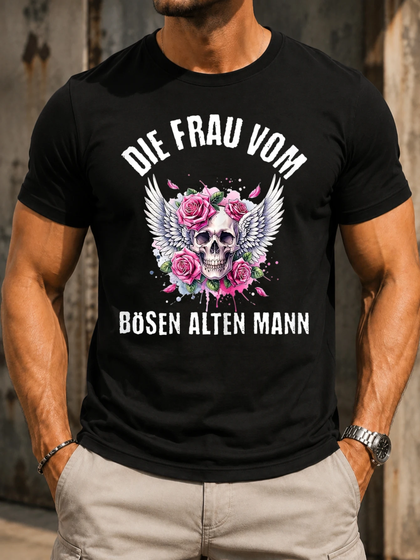 Wife of the bad old man with winged  and pink roses graphic with vivid centered artwork and a  Unisex All T-Shirt