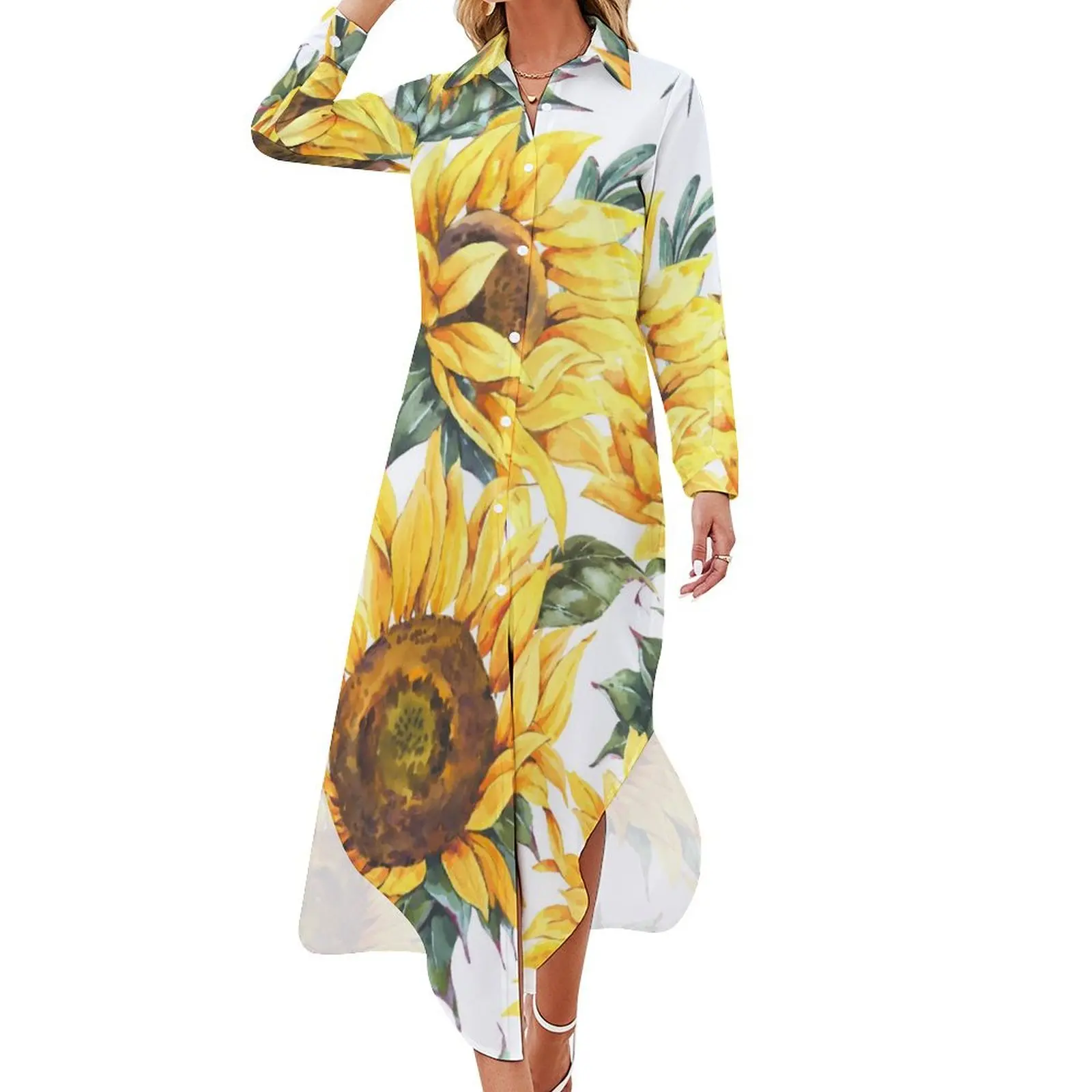 Watercolor Sunflower Chiffon Dress Yellow Floral Pirnt Elegant Dresses Long Sleeve Street Fashion V Neck Oversized Casual Dress