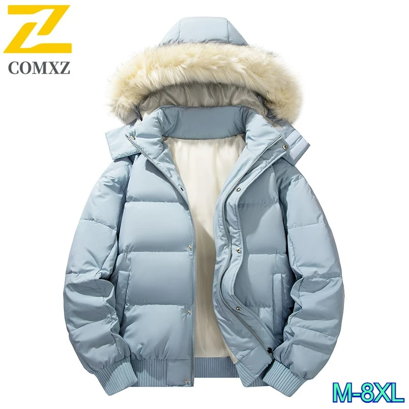 

Comxz 2026 Брендовая куртка на утином пуху для мужчин 8xl, зимняя высококачественная толстая пуховая куртка с большим шерстяным воротником и капюшоном, женская лыжная теплая парка-пуховик