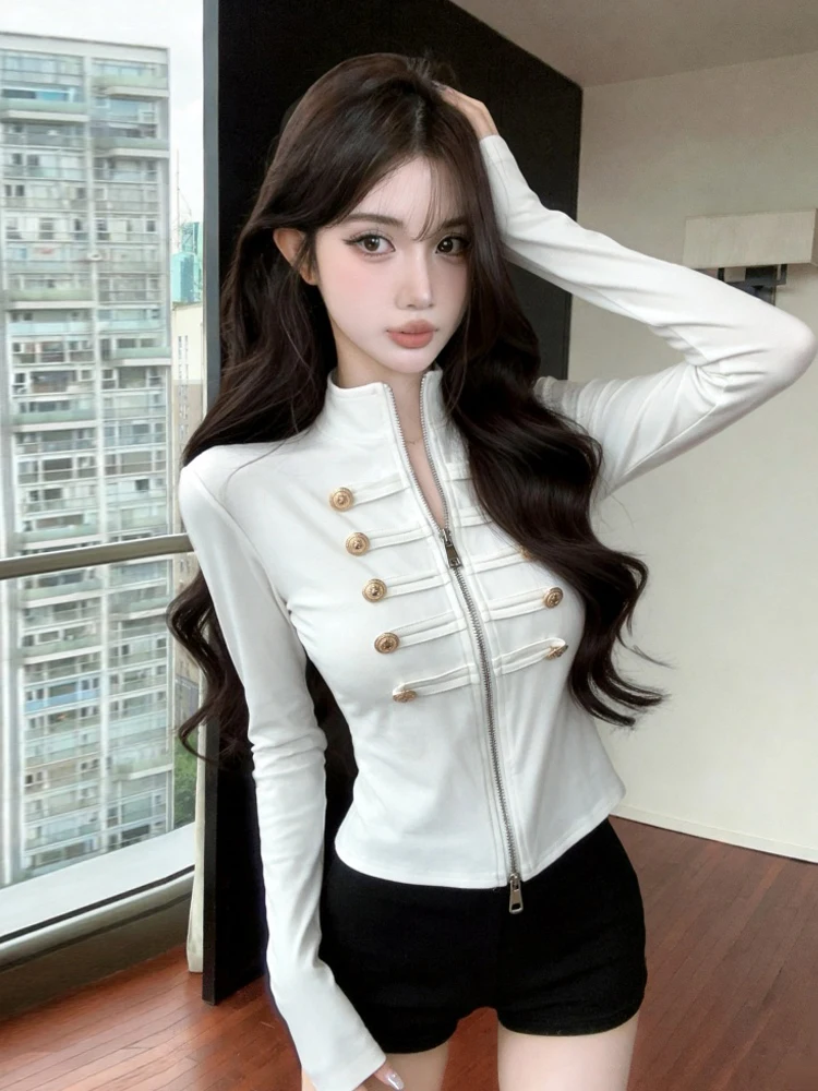 Slim Fit Long Sleeve T-Shirt Zipper Collar Double Row Gold Button American Retro Versatile Weight Loss Open Cardigan Top