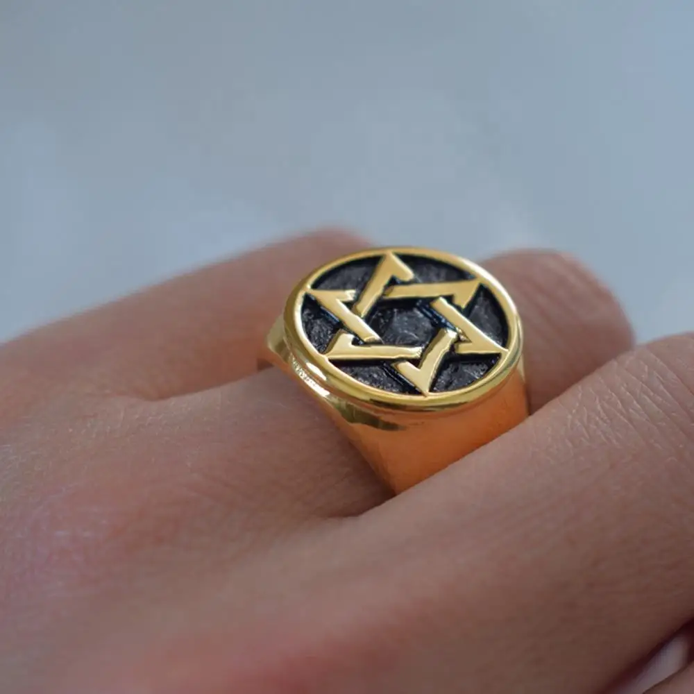 خاتم هيب هوب مطلي بالذهب عيار 18 قيراط من الفولاذ المقاوم للصدأ على شكل نجمة داود للنساء والرجال