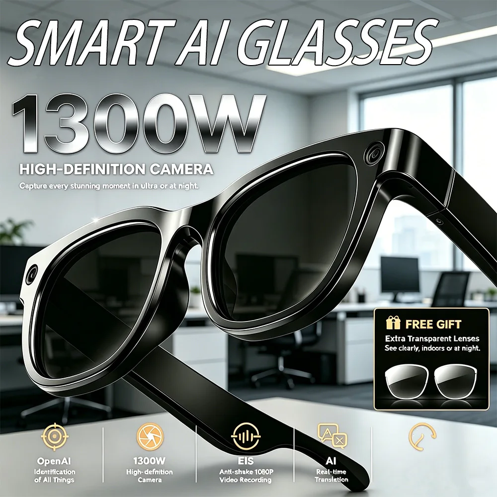 

2026 New Built-in 1300W HD Pixel Smart AI Glasses Al Recognition AI Smart Translation 320mAh Battery Wireless Call Smart Glasses