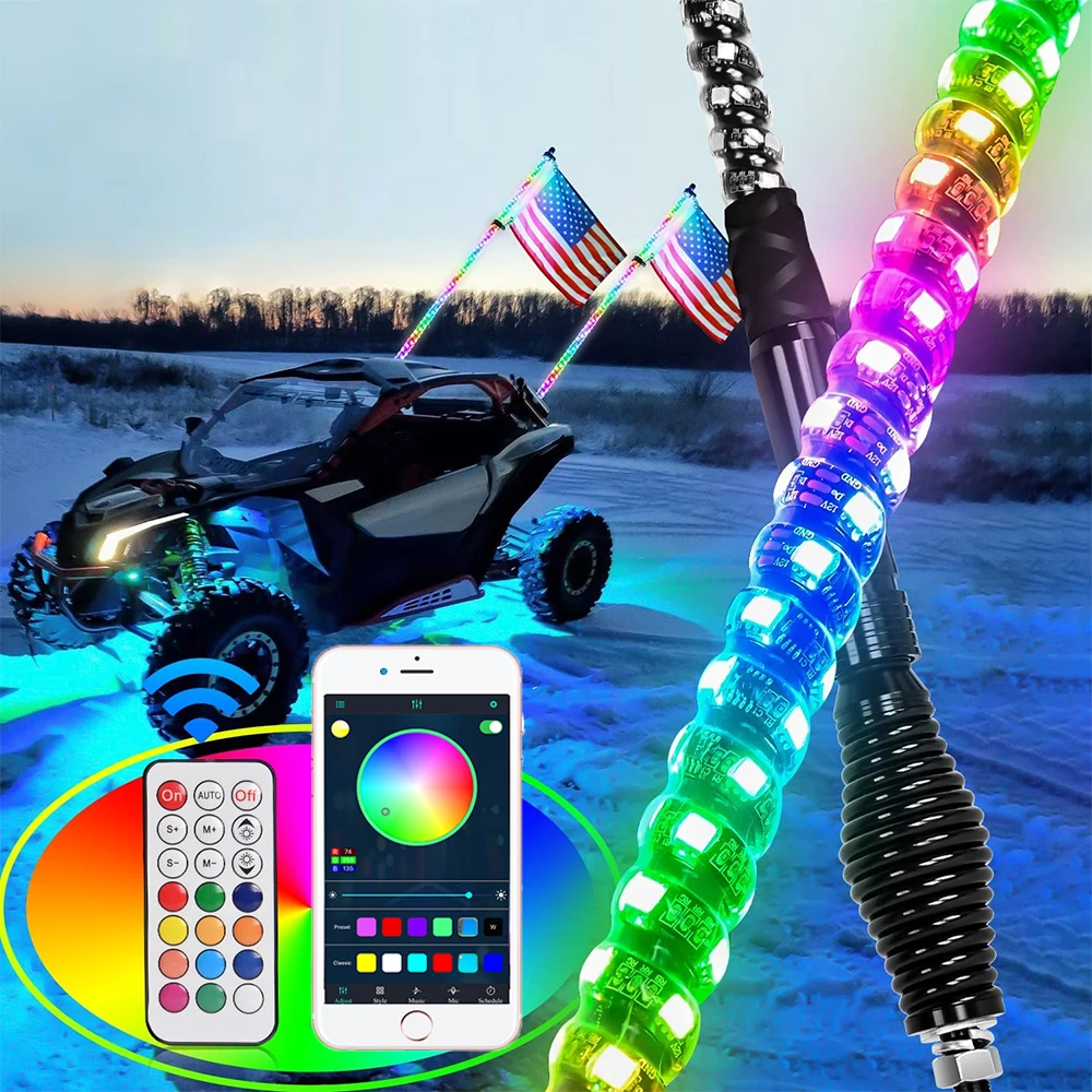 0.6M RGB Spiral LED Whip Light 2/3/4/5FT Flagpole Bowlight 12V APP Remote Control Antenna WIth Flag For Jeep Offroad ATV UTV