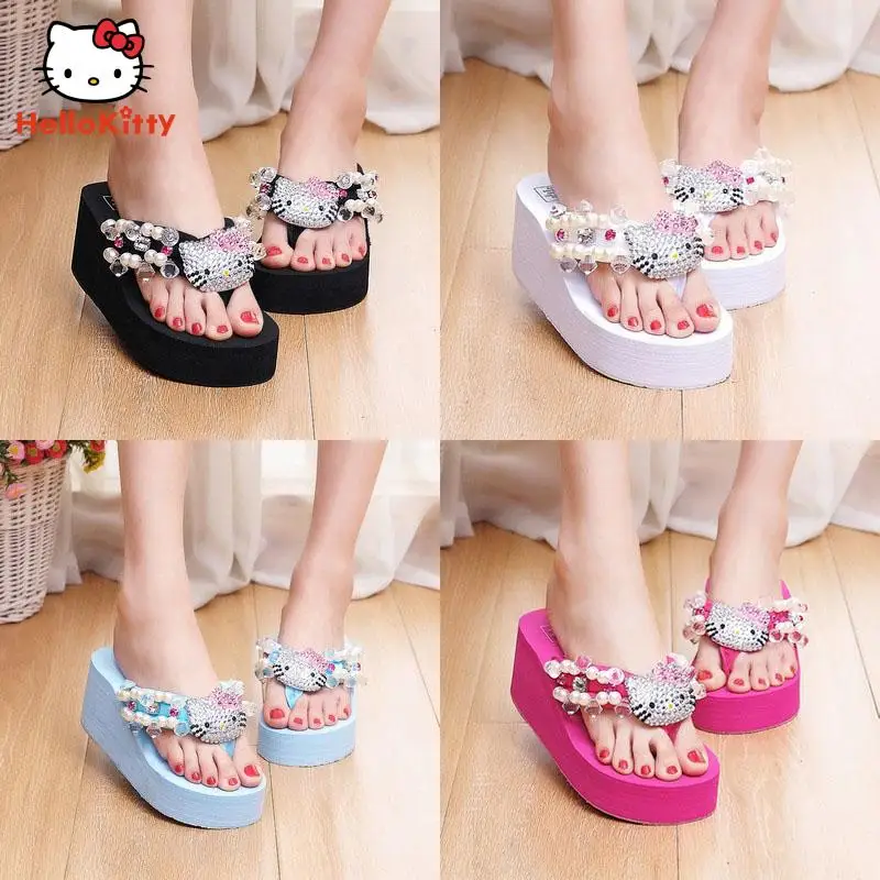 

Cartoon Women Summer Rhinestone Slipper Sandals Anime Cute Hellokitty Sweet Beach Shoes Girly Flip Flops Diamond Platform Shoes