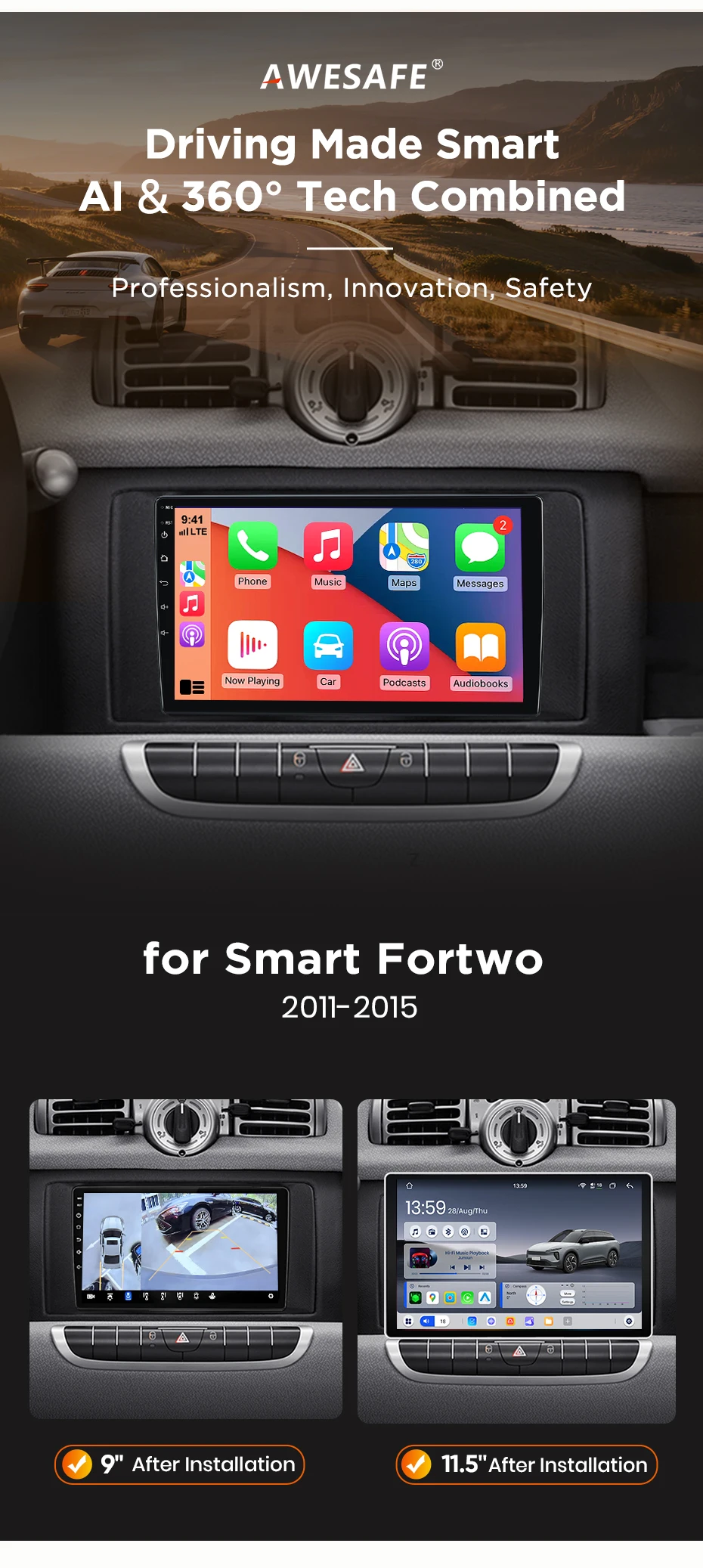 AWESAFE Kabelloses CarPlay Android Auto Radio für Mercedes Benz Smart Fortwo 451 2011-2015 Plug & Play FM BT DSP GPS Multimedia – Detail 4