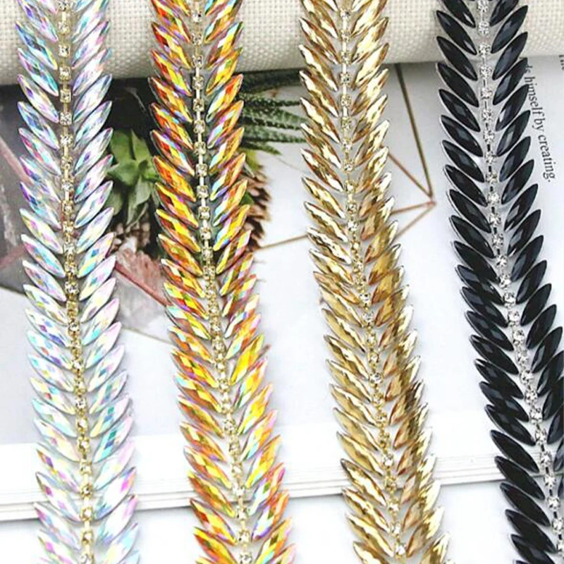 

1 Yard Wheat Ear Crystal Rhinestone Trim Hot Fix Iron On Chain for Dance Costume Waist Neckline Dress Shoe Decor