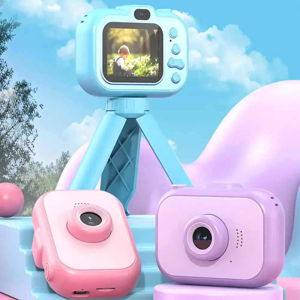 Kamera Digital lensa ganda anak-anak, 1080P layar IPS 2.0 inci dengan tali leher Tripod hadiah Natal ulang tahun