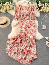 Sexy Women Elegant Floral Skirt Set Female Chiffon Short Sleeve Bandage Top + A-Line Midi Mermaid Skirt Female Casual Suits 2024