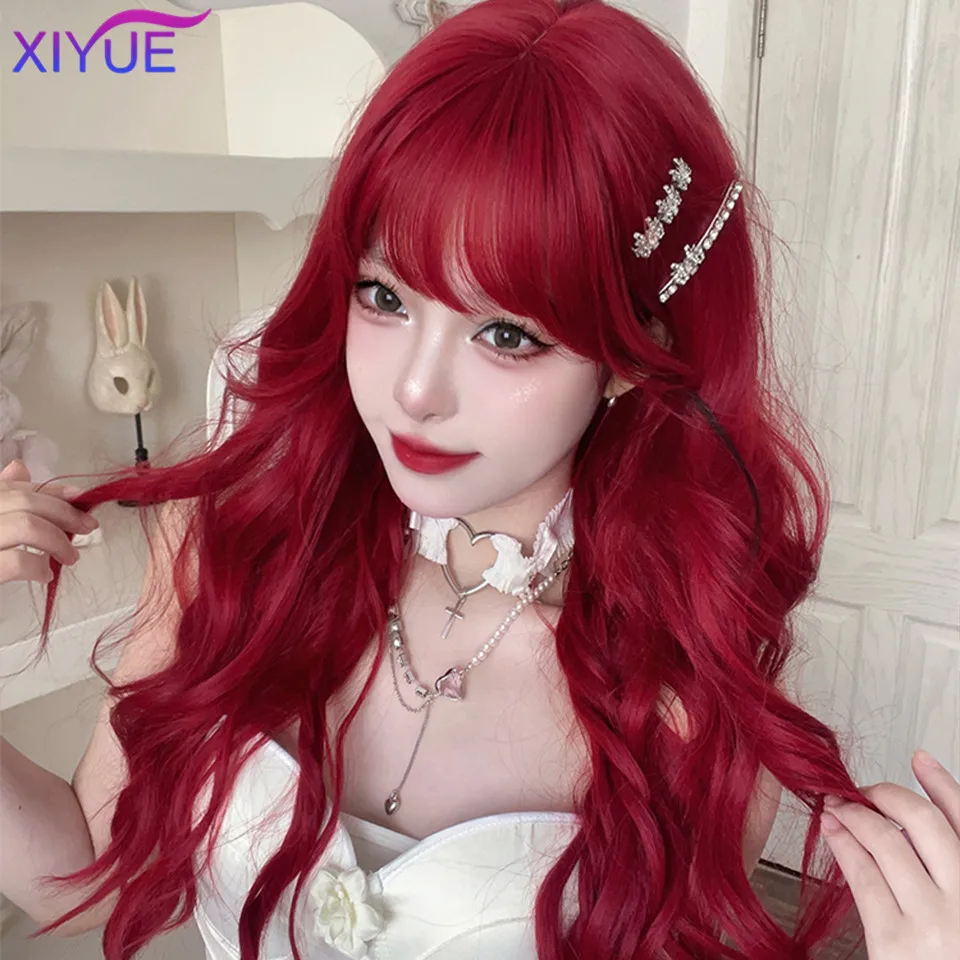 XIYUE Role playing wig with bangs and synthetic curls 24 inches long heat-resistant red wig for women