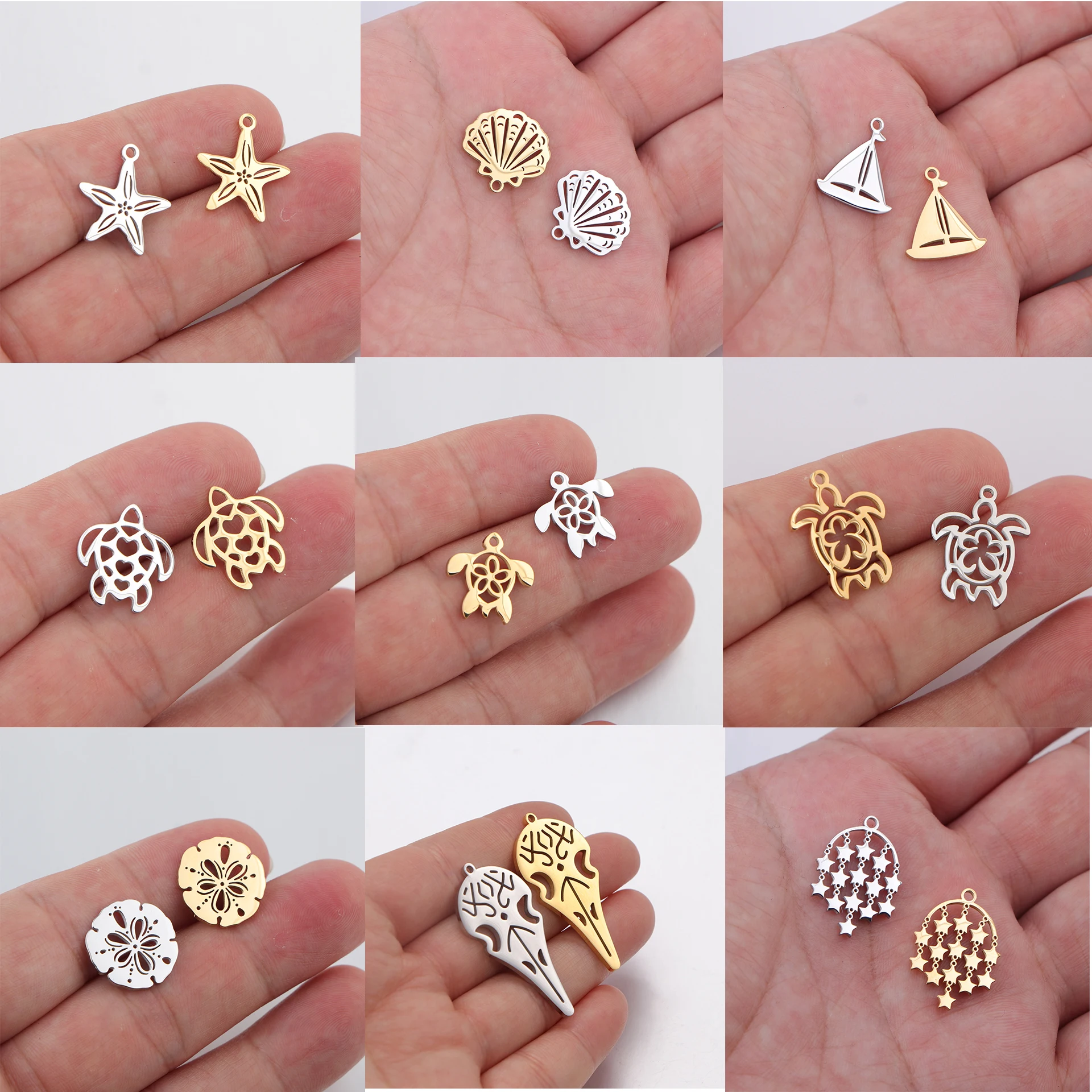 10pcs/lot Mirror Polished Stainless Steel Turtle Starfish Shell Sailboat Tortoise Star Charms Pendants for DIY Jewelry Making