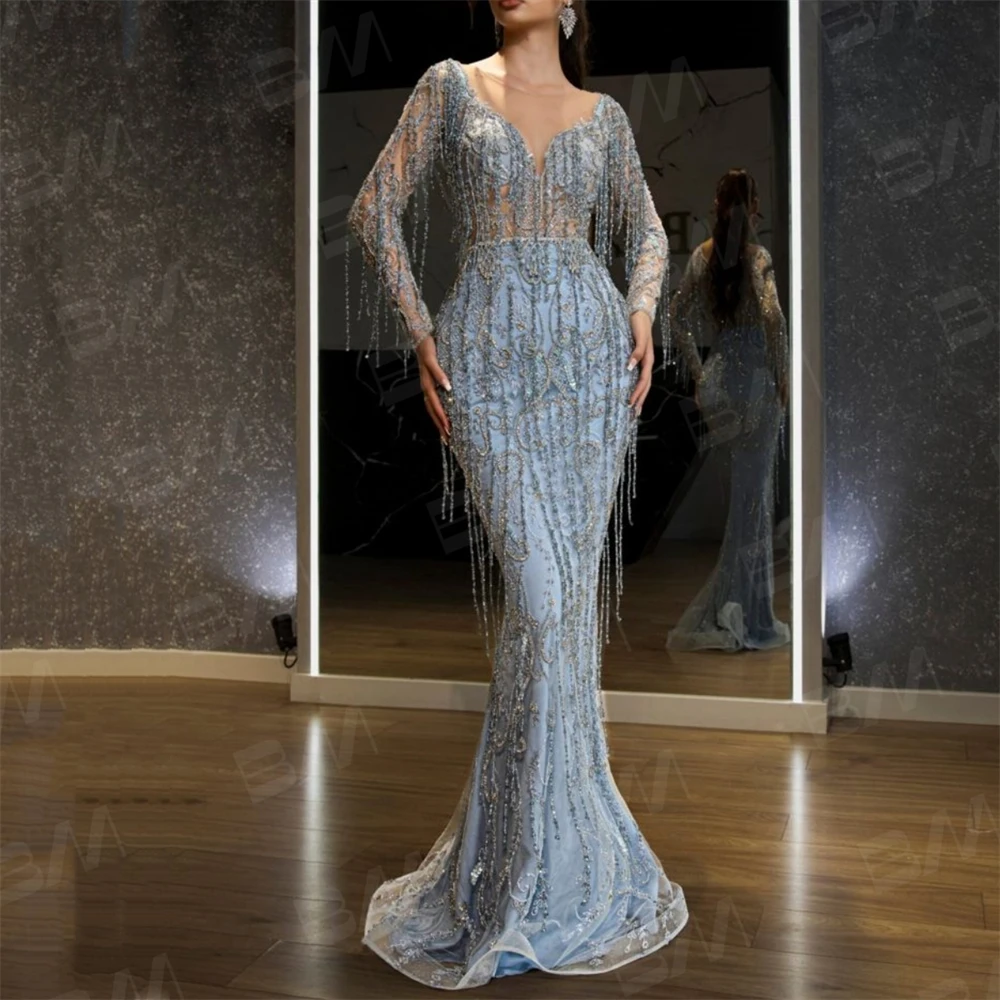 Tassel Beaded Long Sleeve Prom Dress Custom Made Robe De Soriee V Neck Fishtail Mermaid Evening Party Gown For Women