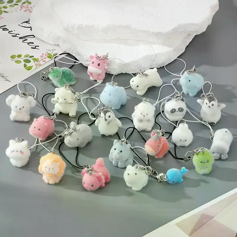 Cute Flocking Animal Keychains Resin Penguin Tiger Bear Pendant Bag Earphone Case Lanyard Accessories