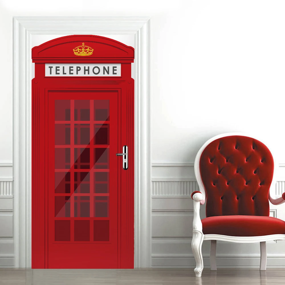 London Red Telephone Door Sticker 3D Paris Modern Art Design Wallpaper PVC Sticker for Room Decorative Removable Freezer Posters