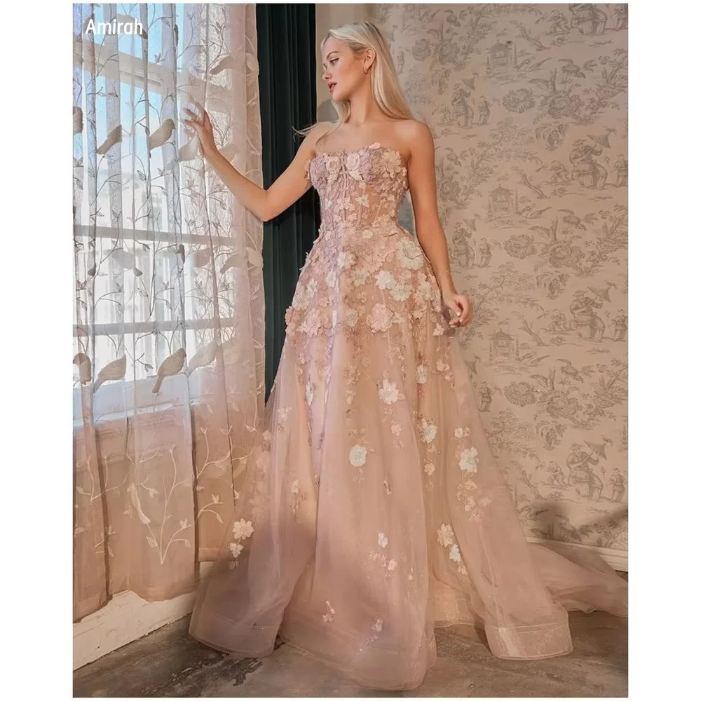 فساتين سهرة من Amirah Tulle للمناسبات الخاصة مصنوعة حسب الطلب فستان طويل أنيق على شكل حرف a وردي بدون أكتاف بدون أكمام للحفلات الراقصة #1