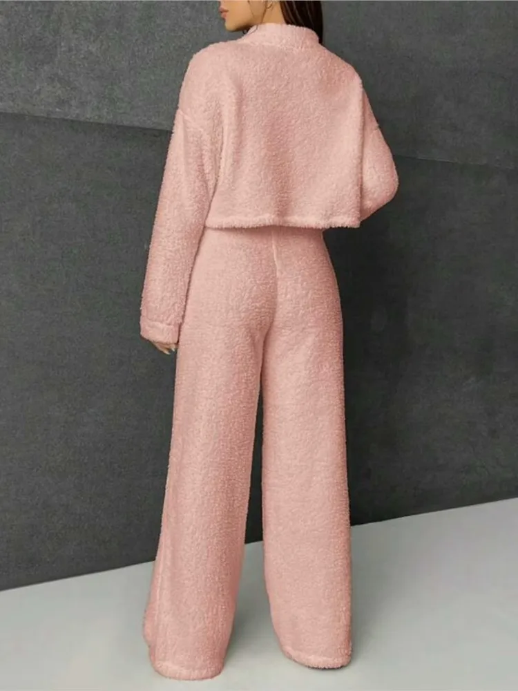 Casual Plush Suit Women Long Sleeve Short Pullovers + High Wiast Wide Leg Pant Two Piece Set Pink Homewear Sets Fashion Outfits