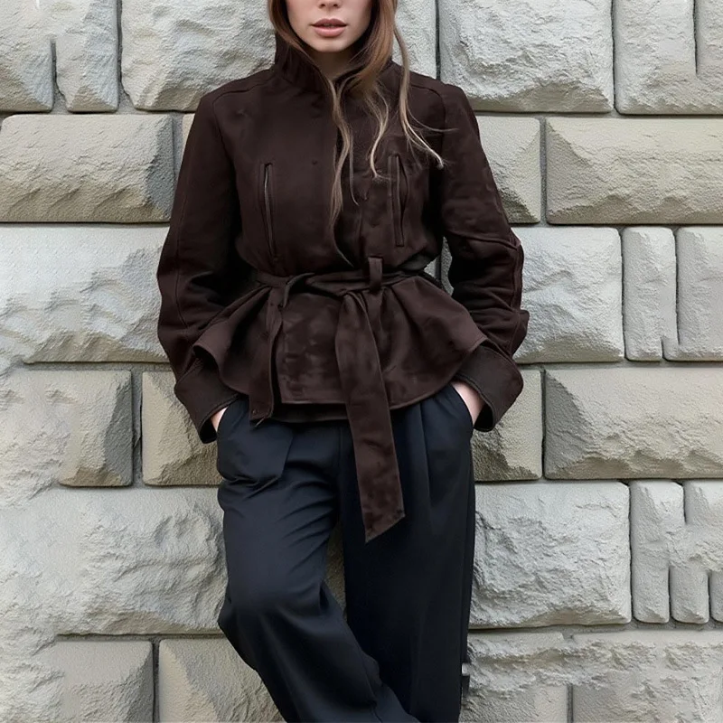 Women Autumn Solid Lapel Belted With Pockets Long Sleeves Jacket Female Fashion Suede Texture High Street Causal Coats