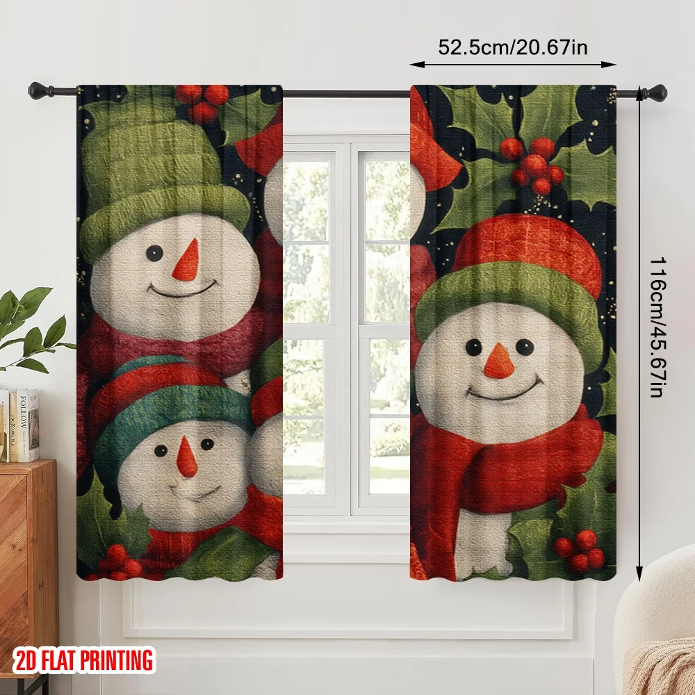 2pcs,2D plane printing Curtain Popular Four Snowmen for Christmas Polyester (without rod) All Seasons Perfect for Various Rooms,