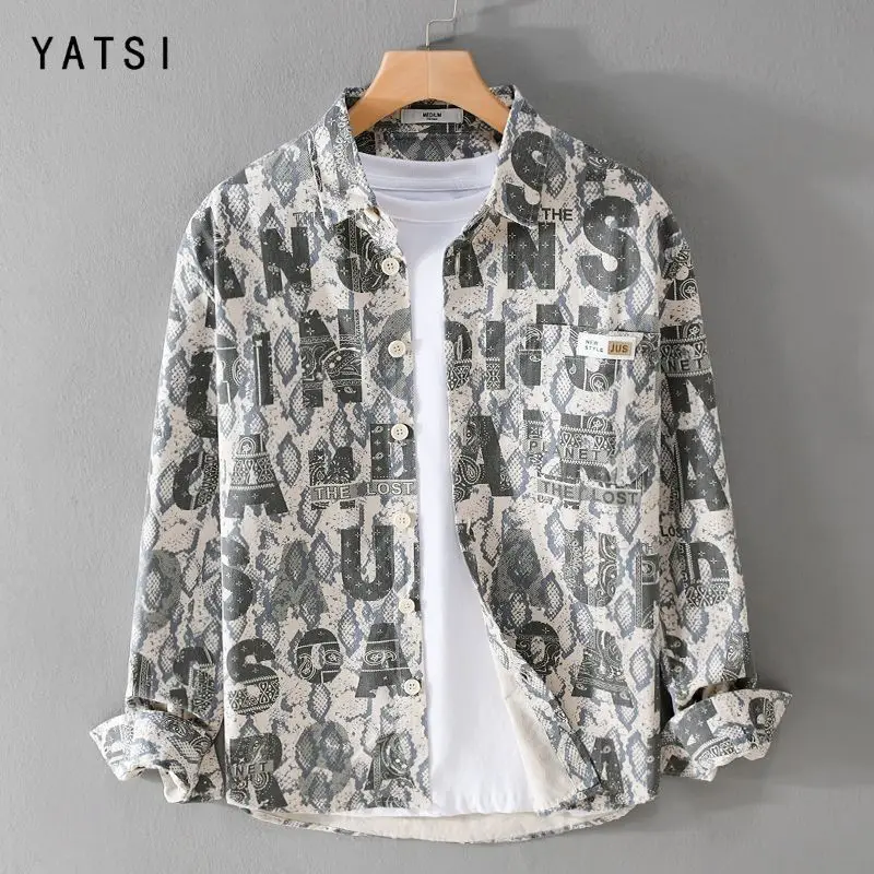 Japanese Letter Printed Personalized Lapel Shirt for Men Trendy and Cool Casual Long Sleeved Shirt Jacket Trendy