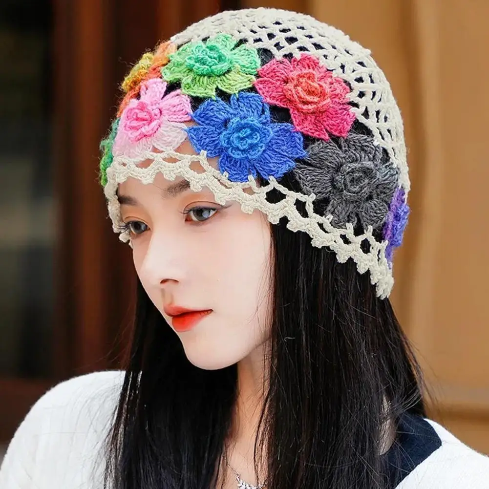 Women Hat  Hollow Out Knitted Flower Crochet Breathable Headwear Sunshade Soft Travel Outdoor Cap Brimless Beanie 비니 겨울모자