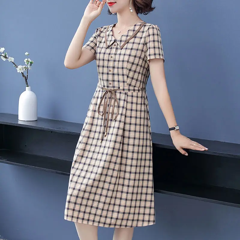 

Fashion Waist Drawstring Dresses Women's Clothing Plaid Casual Peter Pan Collar Spliced Button Summer Short Sleeve Midi Dress