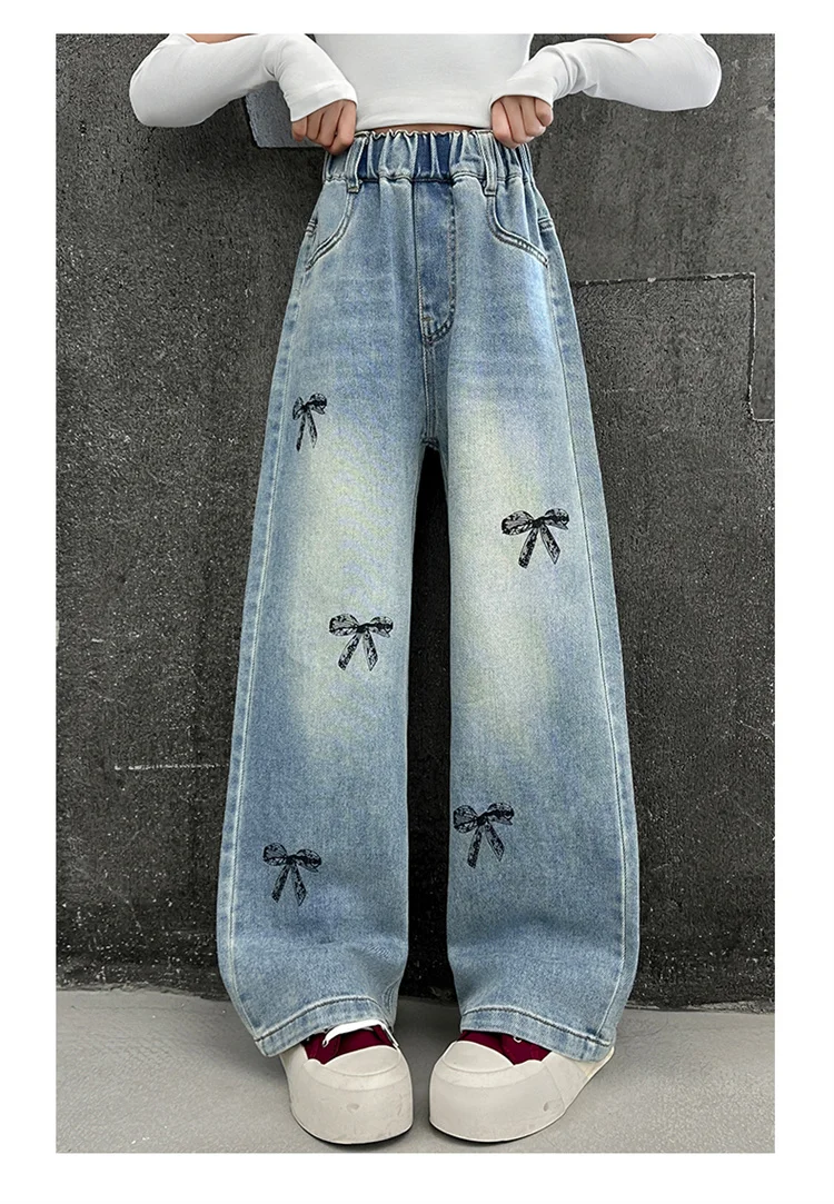 Neue Frühlings- und Herbst-Kinderjeans mit Schleifen für Mädchen, High-Street-Denimhosen mit geradem Schnitt für Teenager, lässige Kinderjeans, Hosen 5-14 Jahre – Detail 6