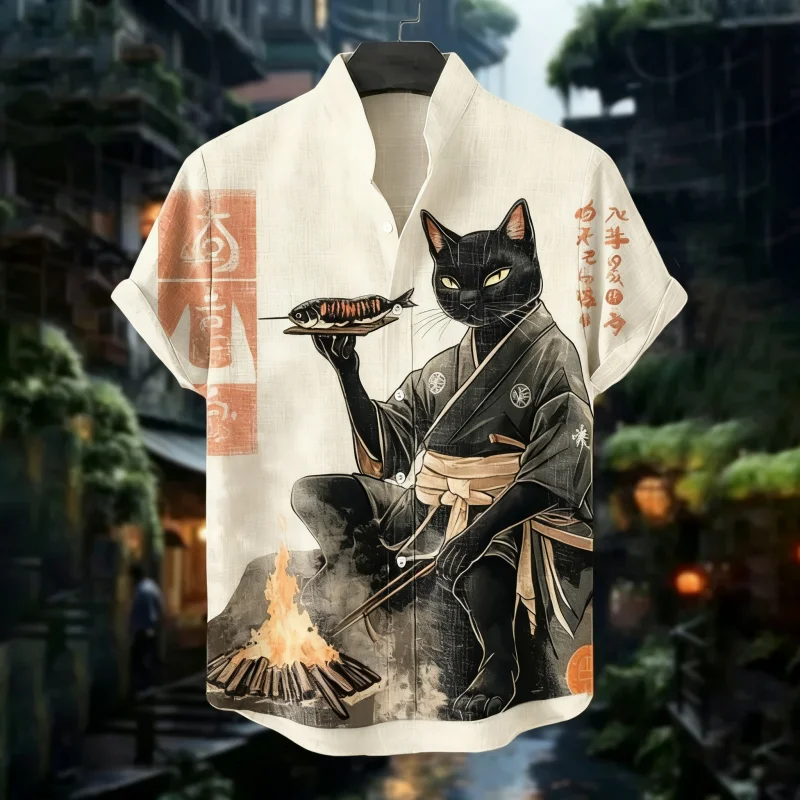 Holiday Shirt Men's Mandarin Collar Ukiyo‑e Samurai Black Cat Print Short Sleeve Tops Button Down Casual Japanese Art Summer Tee