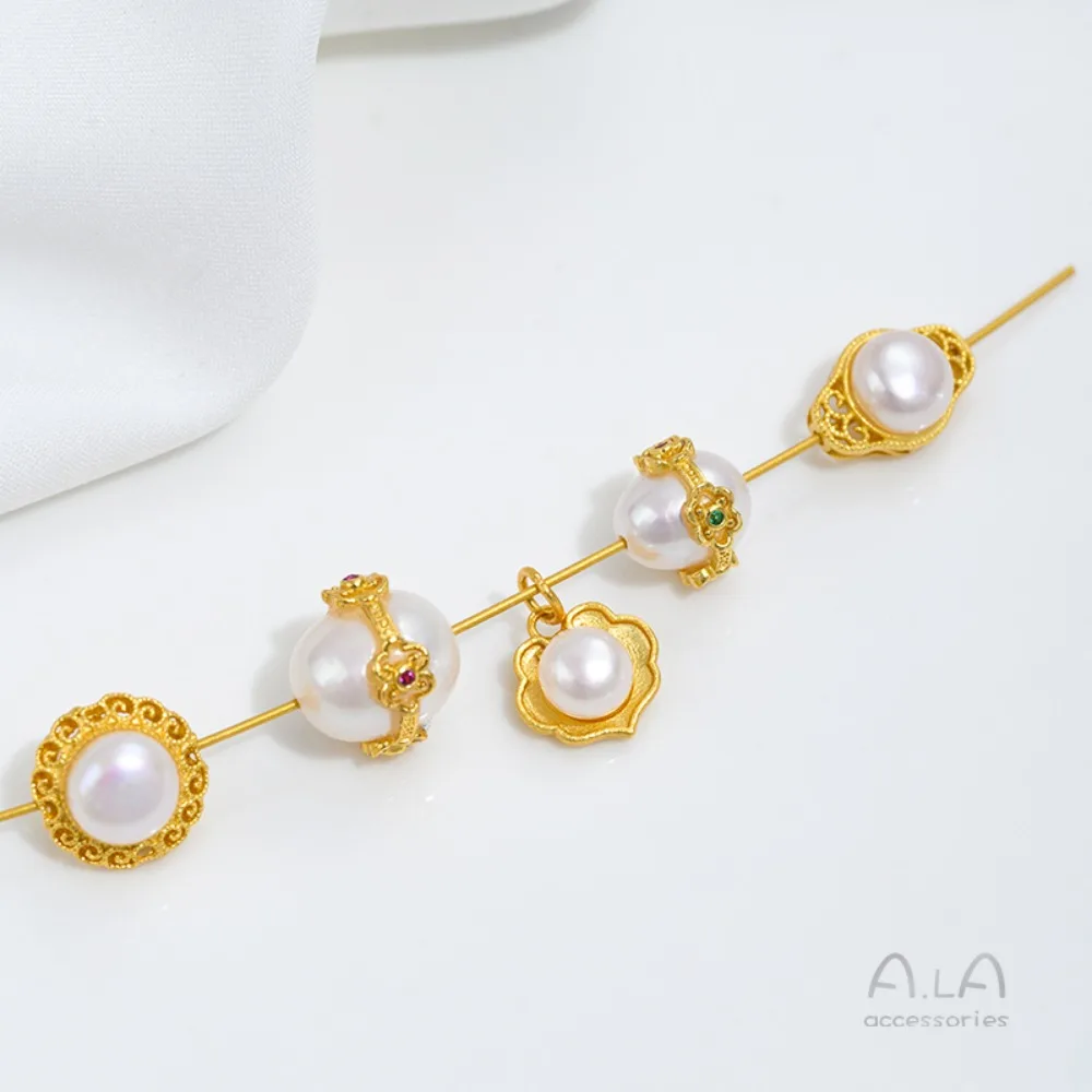 

1Pcs Copper Charms 24K Gold Color Inlaid with Natural Pearls Ruyi Gourd Bead Pendant Beaded DIY Handmade String Jewelry Pendant