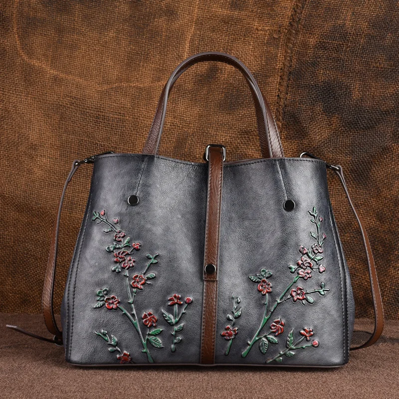 Johnature Genuine Leather Retro Embossed Women Handbags&Crossbody Bags 2024 New Large Capacity Cowhide Fashion Floral Totes