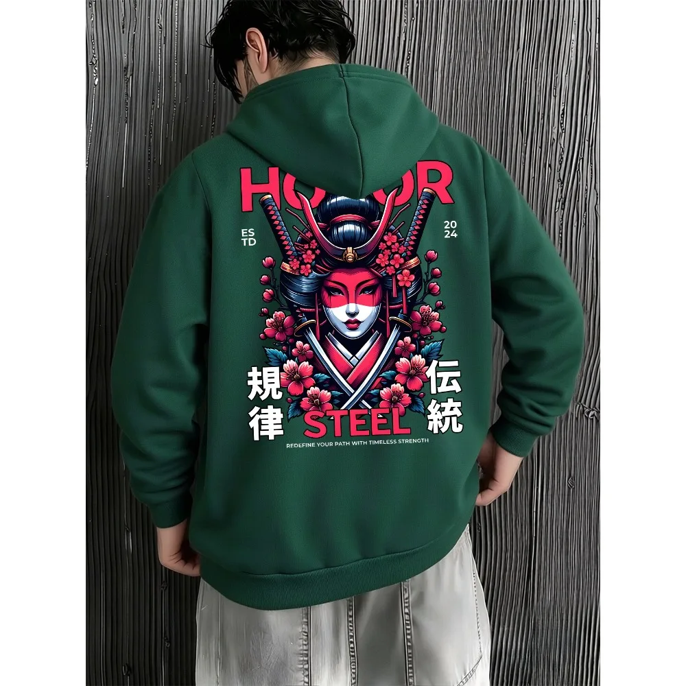 Men Women Unisex Hoodie Japanese Samurai Geisha Honor Steel Cherry Blossom Back Print Sweatshirt Casual Loose Hooded Pullover